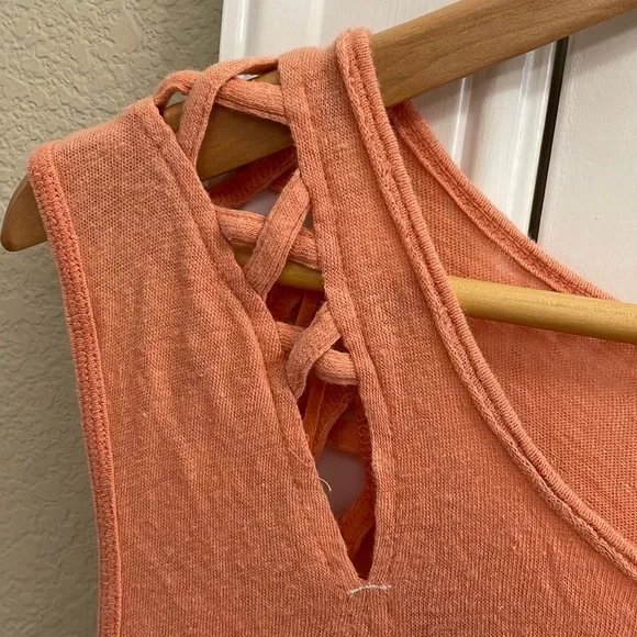 FREE PEOPLE oversized linen blend tangerine top.  L - Picture 2 of 6